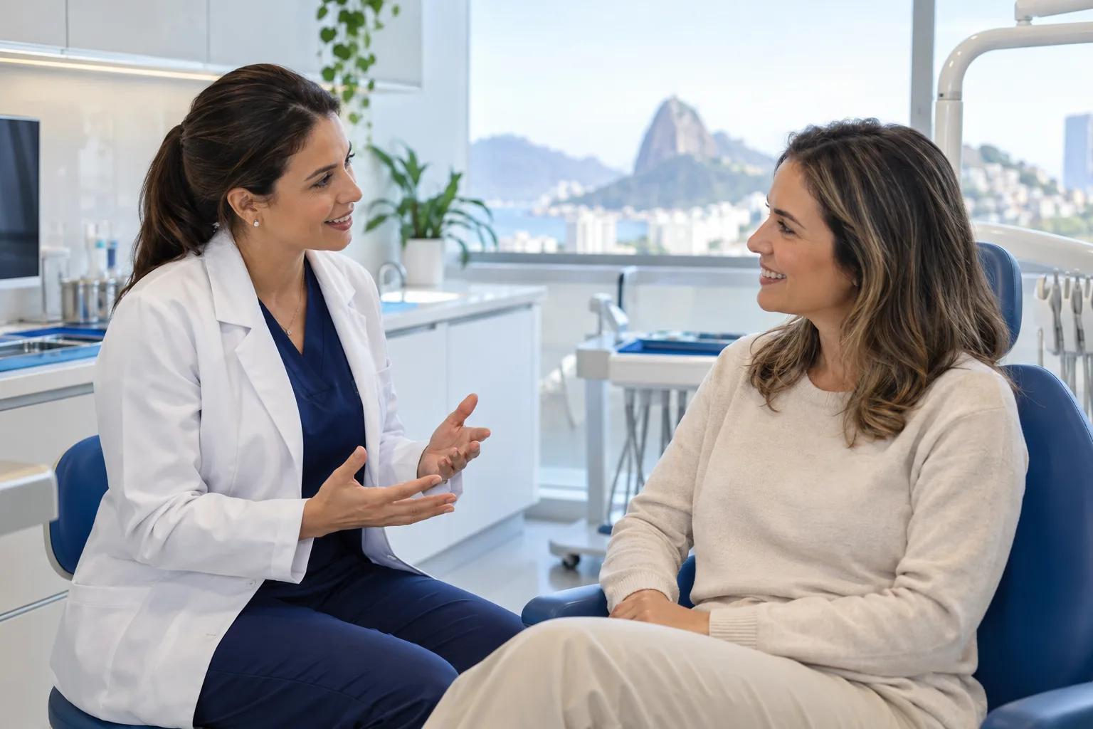 Dentista e paciente conversam em um consultório iluminado; cena ilustrativa gerada por IA.