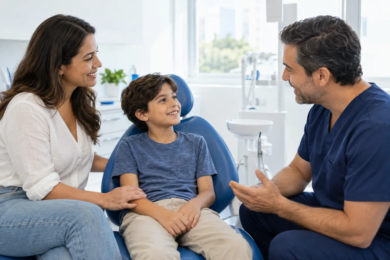 Mãe e criança conversam com uma dentista; cena ilustrativa gerada por IA.