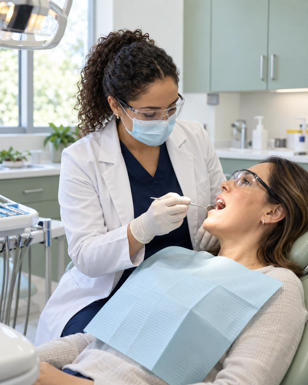 Dentista realizando exame odontológico em uma paciente. Cena ilustrativa gerada por IA.