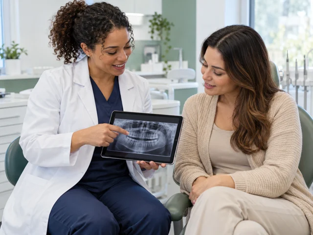 Dentista explicando o atendimento à paciente com apoio de um exame. Cena ilustrativa gerada por IA.