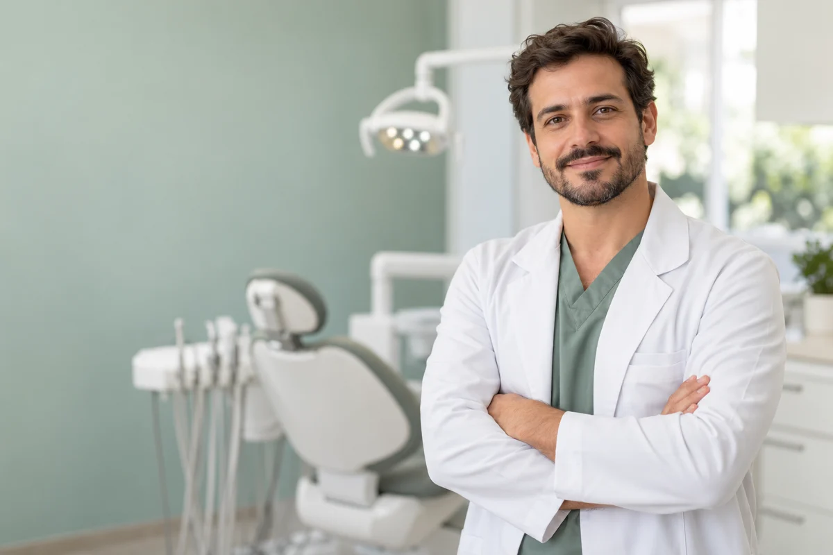 Dentista em um consultório; cena ilustrativa gerada por IA.