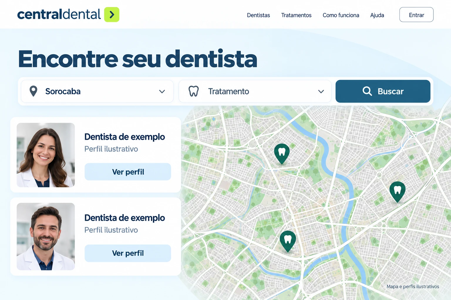 Ilustração gerada por IA da busca da Central Dental, com mapa detalhado e perfis fictícios de dentistas.